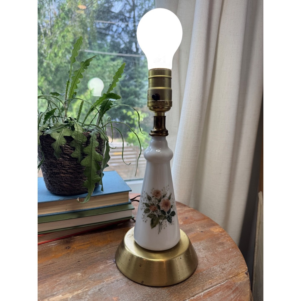 Vintage Milk Glass Floral Table Lamp Brass Base Pink Rose Cottagecore 11 Inch